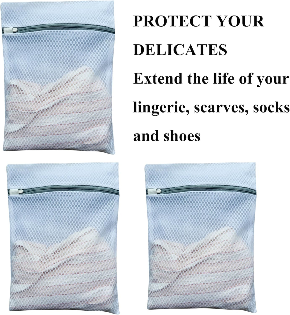 3Pcs Mesh Laundry Bags Durable Zipper Wash Bags for Delicates, Lingerie, Bras, Underwear, Baby Clothes, Shoe, Sock - Protect Garments in Washing Machine Pouch Net Bag Travel 12 x 16 Inches