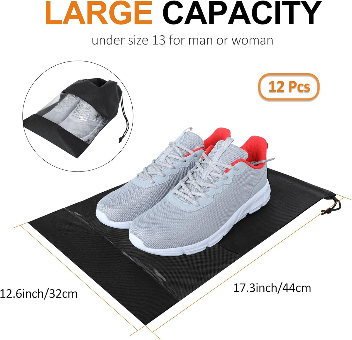 Travel Shoe Bags Set of 4 Waterproof Nylon with Zipper for Men & Women, Black