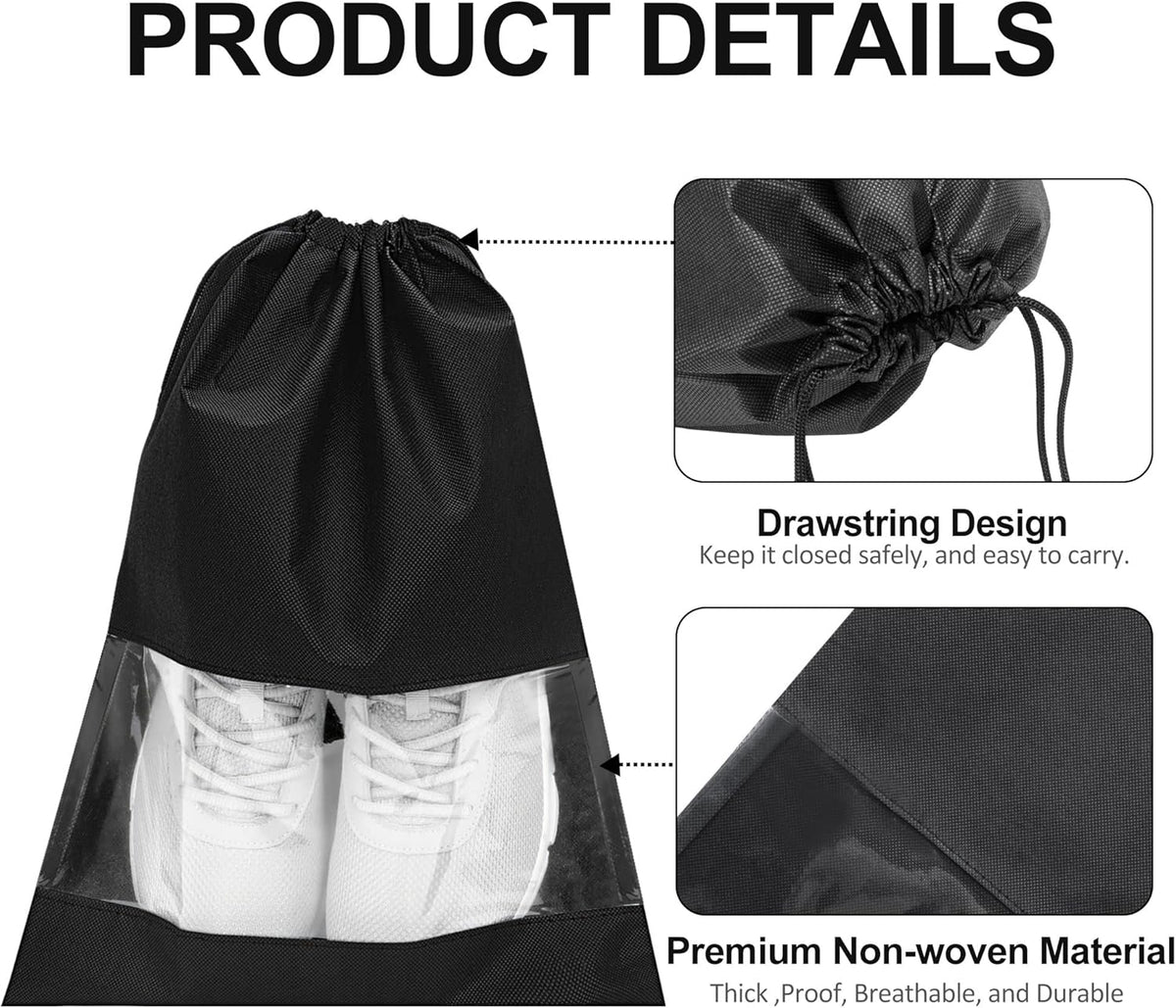 Travel Shoe Bags Set of 4 Waterproof Nylon with Zipper for Men & Women, Black