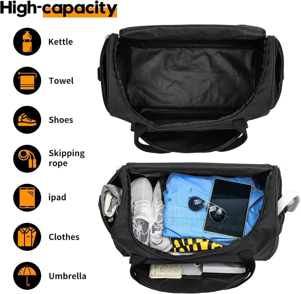 Uarition Gym Bag for Men - 50L Black Durable Large Duffle Bag for Travel, Workout, Fitness & Sport