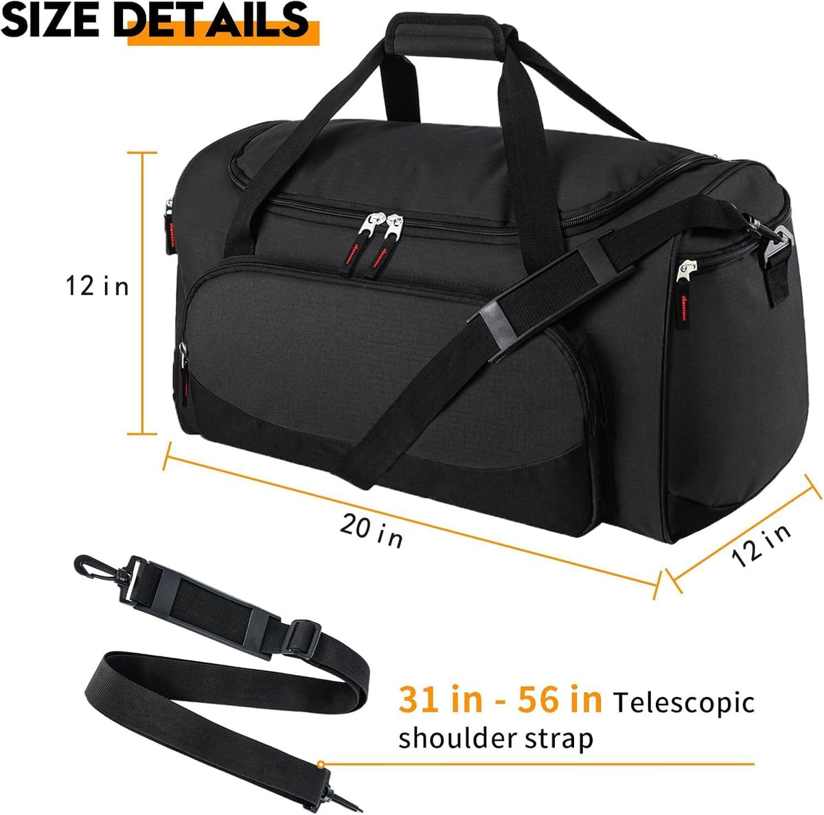 Uarition Gym Bag for Men - 50L Black Durable Large Duffle Bag for Travel, Workout, Fitness & Sport