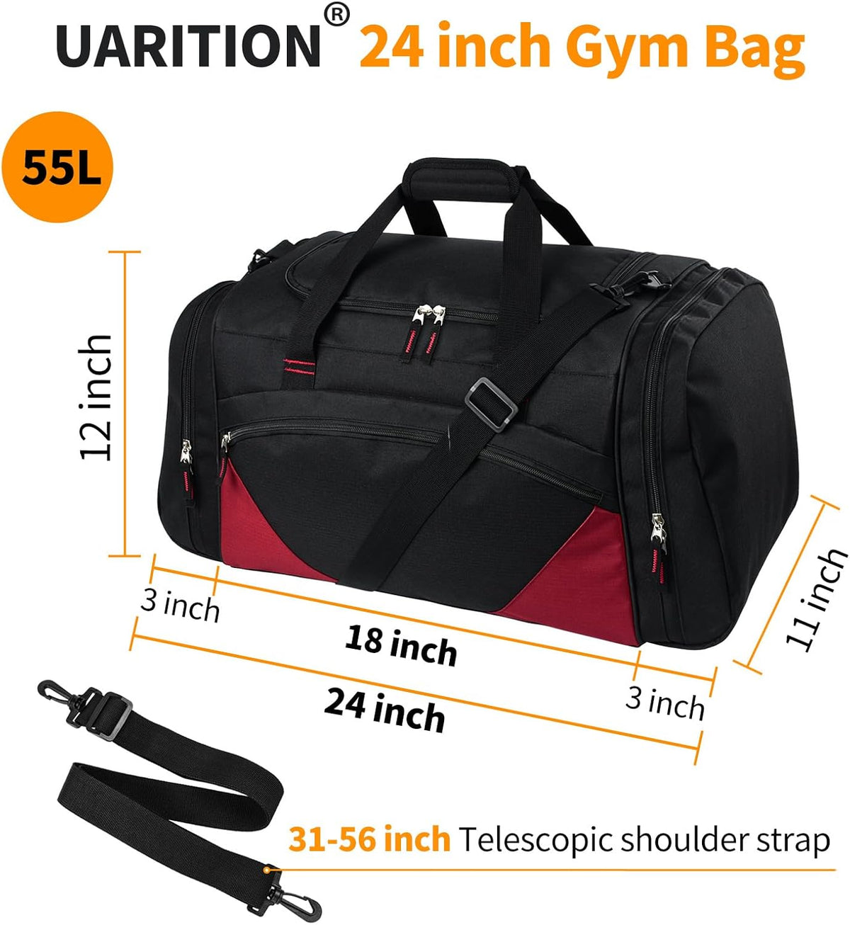 Uarition Gym Bag for Men - 50L Black Durable Large Duffle Bag for Travel, Workout, Fitness & Sport