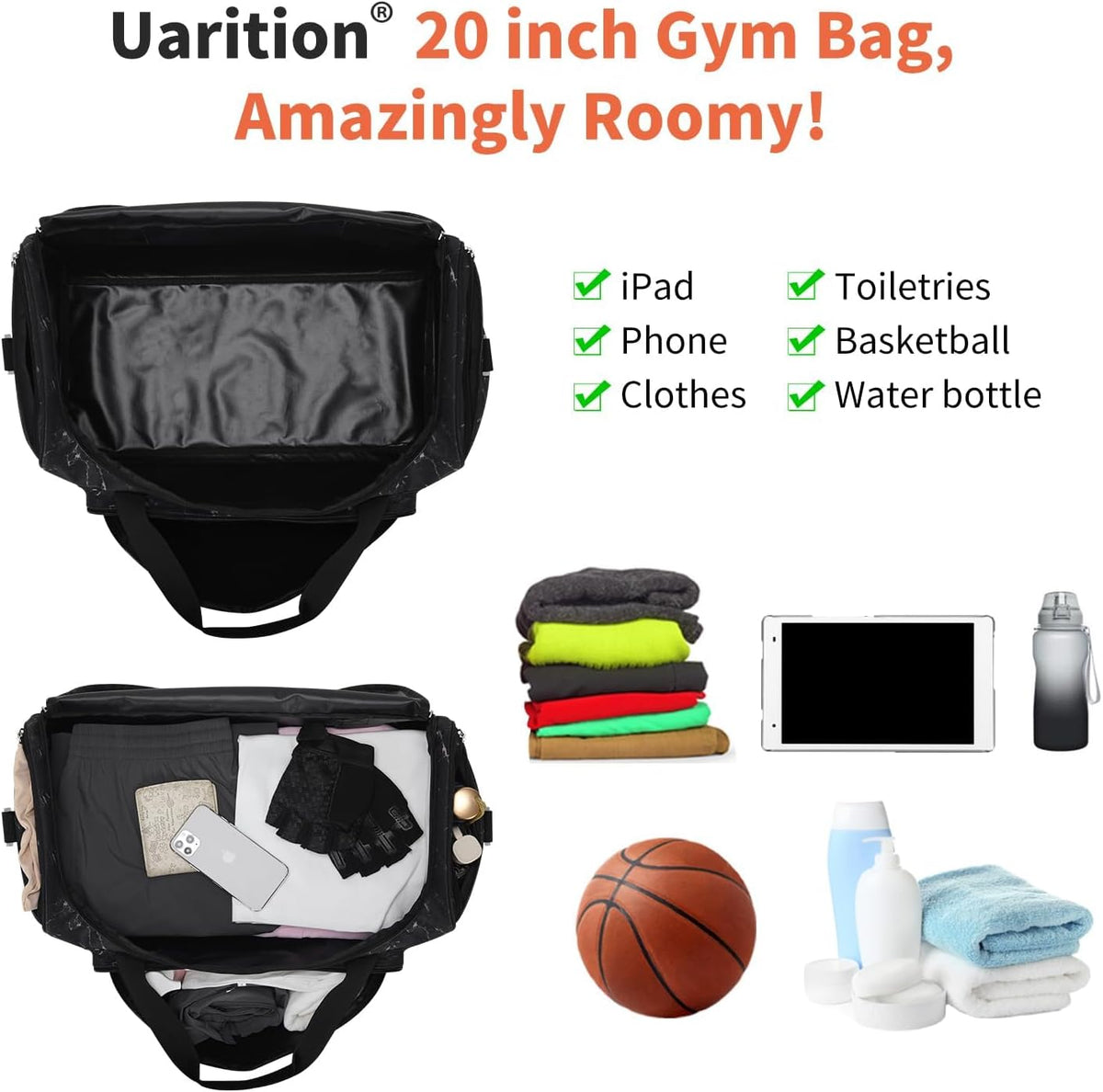 Uarition Gym Bag for Men - 50L Black Durable Large Duffle Bag for Travel, Workout, Fitness & Sport