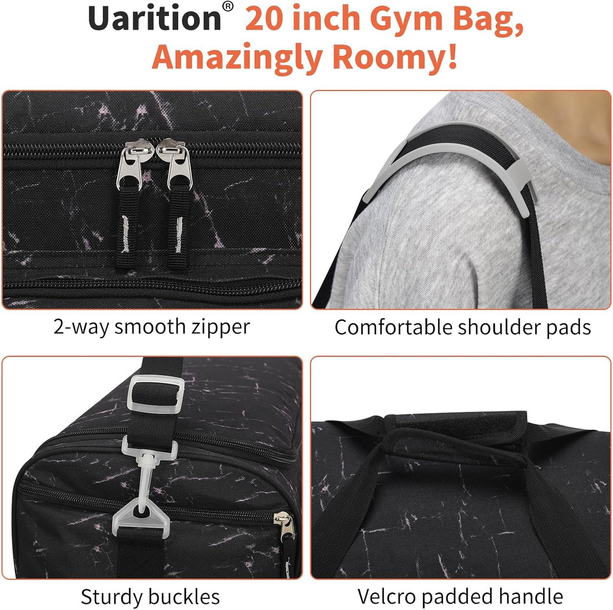 Uarition Gym Bag for Men - 50L Black Durable Large Duffle Bag for Travel, Workout, Fitness & Sport