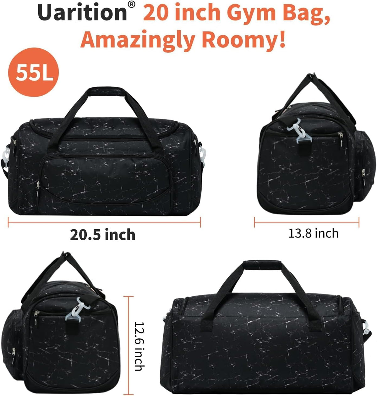 Uarition Gym Bag for Men - 50L Black Durable Large Duffle Bag for Travel, Workout, Fitness & Sport