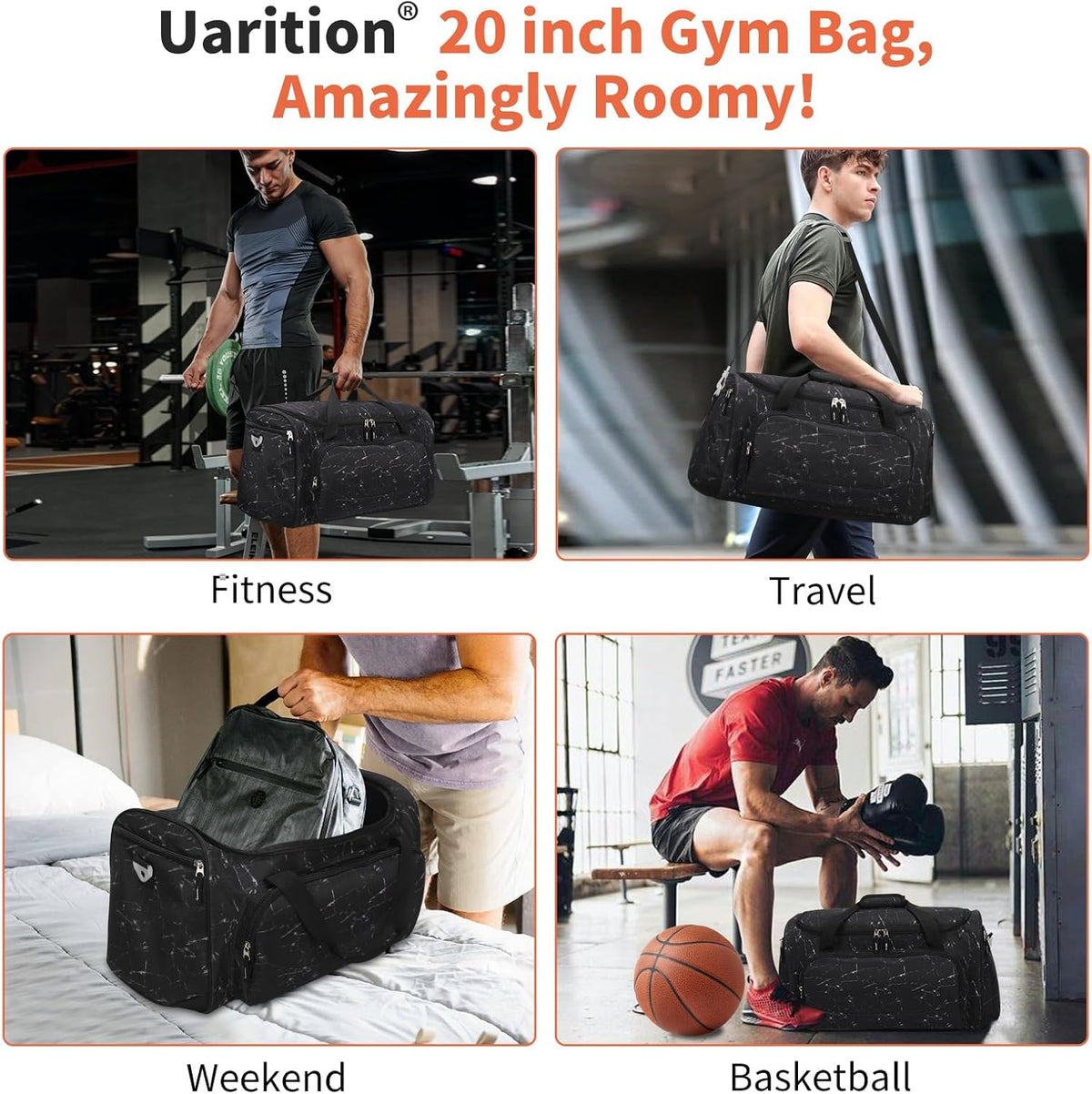 Uarition Gym Bag for Men - 50L Black Durable Large Duffle Bag for Travel, Workout, Fitness & Sport