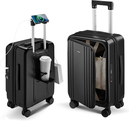 Carry On Luggage Top Opening with Cup Holder & Phone Holder, Expandable PC Hard Shell Suitcase with USB Charging Port, Side Hook, 360° Spinner Wheels, TSA Lock & YKK Zippers