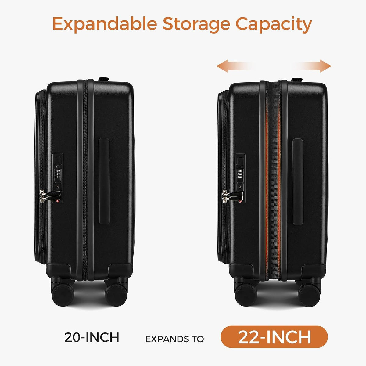 Carry On Luggage Top Opening with Cup Holder & Phone Holder, Expandable PC Hard Shell Suitcase with USB Charging Port, Side Hook, 360° Spinner Wheels, TSA Lock & YKK Zippers
