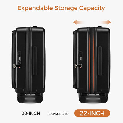 Carry On Luggage Top Opening with Cup Holder & Phone Holder, Expandable PC Hard Shell Suitcase with USB Charging Port, Side Hook, 360° Spinner Wheels, TSA Lock & YKK Zippers