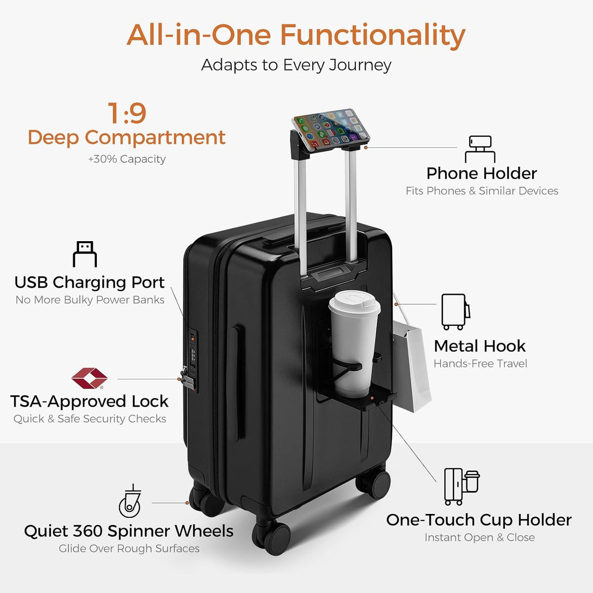 Carry On Luggage Top Opening with Cup Holder & Phone Holder, Expandable PC Hard Shell Suitcase with USB Charging Port, Side Hook, 360° Spinner Wheels, TSA Lock & YKK Zippers
