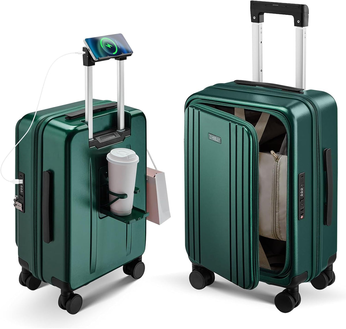 Carry On Luggage Top Opening with Cup Holder & Phone Holder, Expandable PC Hard Shell Suitcase with USB Charging Port, Side Hook, 360° Spinner Wheels, TSA Lock & YKK Zippers