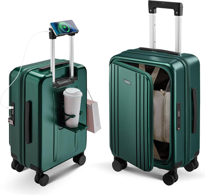 Carry On Luggage Top Opening with Cup Holder & Phone Holder, Expandable PC Hard Shell Suitcase with USB Charging Port, Side Hook, 360° Spinner Wheels, TSA Lock & YKK Zippers