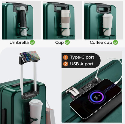 Carry On Luggage Top Opening with Cup Holder & Phone Holder, Expandable PC Hard Shell Suitcase with USB Charging Port, Side Hook, 360° Spinner Wheels, TSA Lock & YKK Zippers