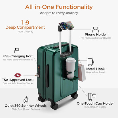 Carry On Luggage Top Opening with Cup Holder & Phone Holder, Expandable PC Hard Shell Suitcase with USB Charging Port, Side Hook, 360° Spinner Wheels, TSA Lock & YKK Zippers