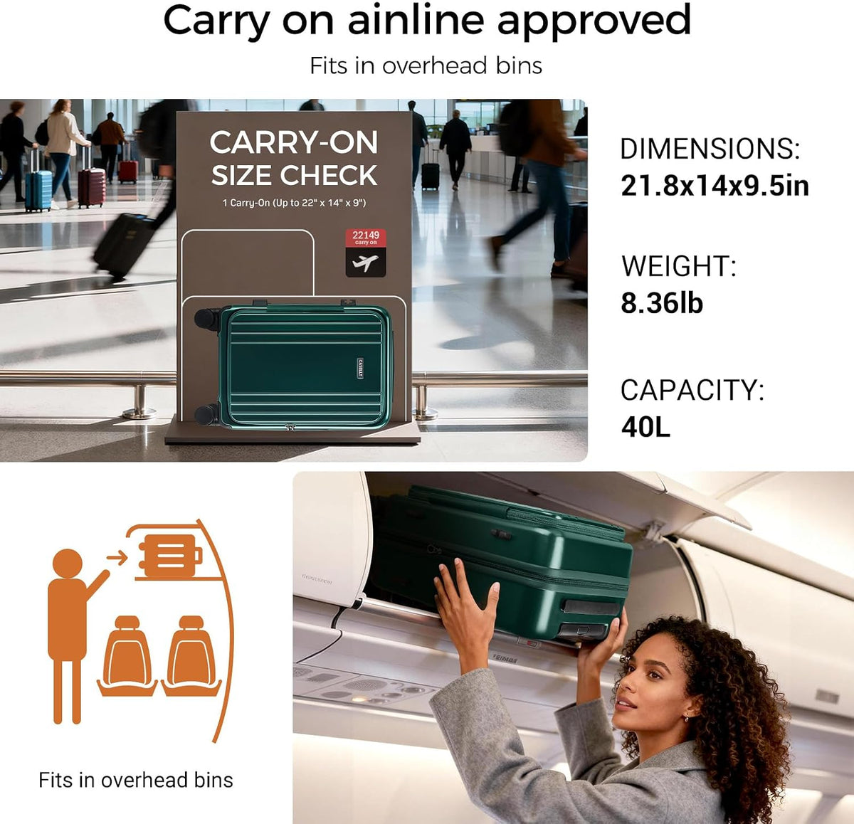 Carry On Luggage Top Opening with Cup Holder & Phone Holder, Expandable PC Hard Shell Suitcase with USB Charging Port, Side Hook, 360° Spinner Wheels, TSA Lock & YKK Zippers