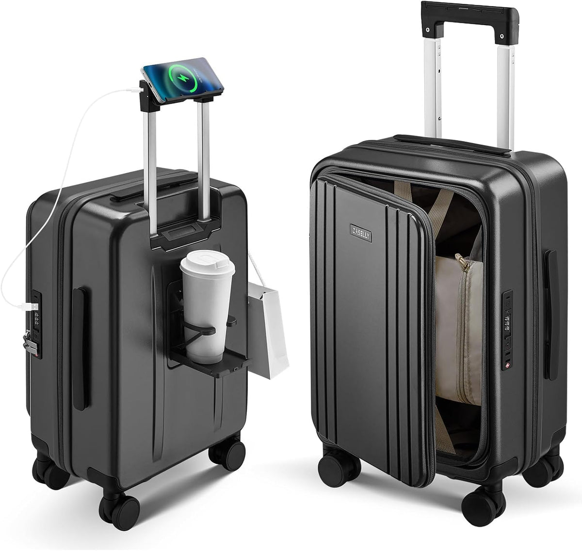 Carry On Luggage Top Opening with Cup Holder & Phone Holder, Expandable PC Hard Shell Suitcase with USB Charging Port, Side Hook, 360° Spinner Wheels, TSA Lock & YKK Zippers