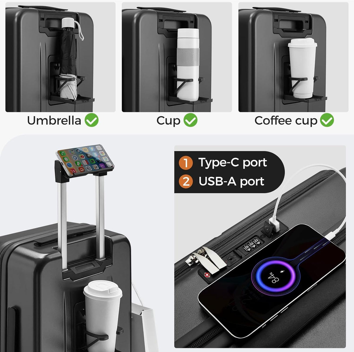 Carry On Luggage Top Opening with Cup Holder & Phone Holder, Expandable PC Hard Shell Suitcase with USB Charging Port, Side Hook, 360° Spinner Wheels, TSA Lock & YKK Zippers