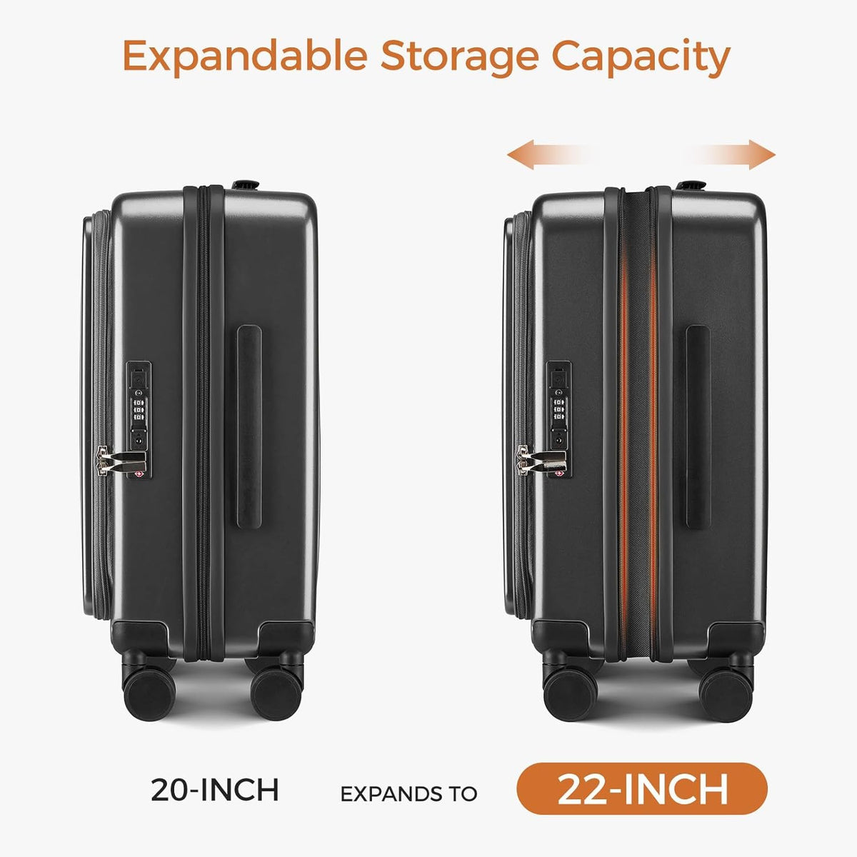 Carry On Luggage Top Opening with Cup Holder & Phone Holder, Expandable PC Hard Shell Suitcase with USB Charging Port, Side Hook, 360° Spinner Wheels, TSA Lock & YKK Zippers