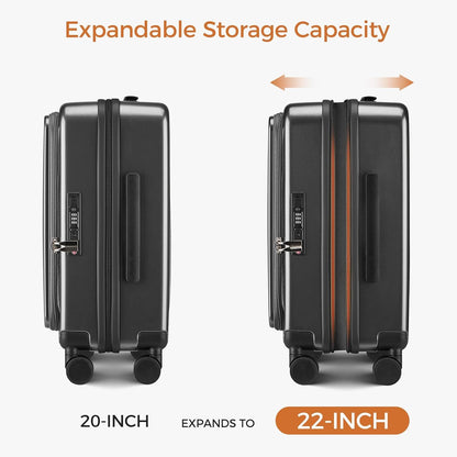 Carry On Luggage Top Opening with Cup Holder & Phone Holder, Expandable PC Hard Shell Suitcase with USB Charging Port, Side Hook, 360° Spinner Wheels, TSA Lock & YKK Zippers