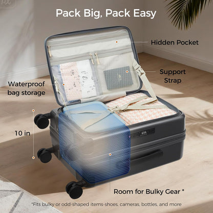 Carry On Luggage Top Opening with Cup Holder & Phone Holder, Expandable PC Hard Shell Suitcase with USB Charging Port, Side Hook, 360° Spinner Wheels, TSA Lock & YKK Zippers