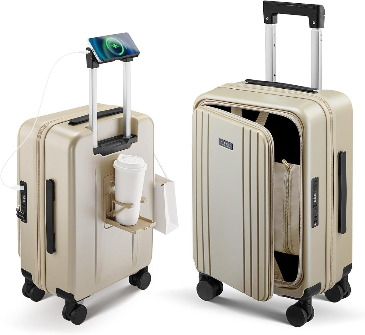 Carry On Luggage Top Opening with Cup Holder & Phone Holder, Expandable PC Hard Shell Suitcase with USB Charging Port, Side Hook, 360° Spinner Wheels, TSA Lock & YKK Zippers