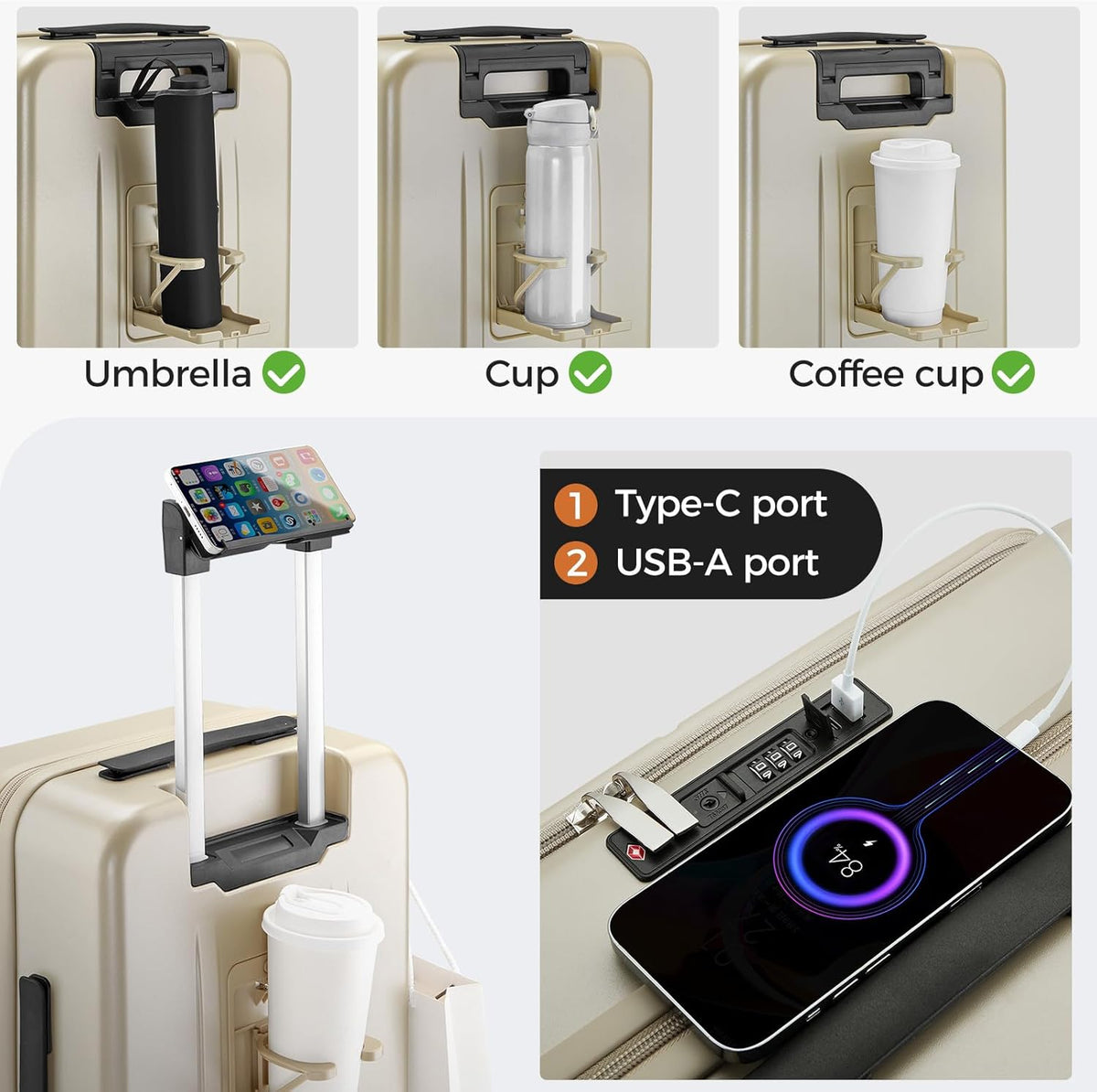 Carry On Luggage Top Opening with Cup Holder & Phone Holder, Expandable PC Hard Shell Suitcase with USB Charging Port, Side Hook, 360° Spinner Wheels, TSA Lock & YKK Zippers