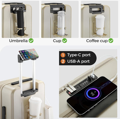 Carry On Luggage Top Opening with Cup Holder & Phone Holder, Expandable PC Hard Shell Suitcase with USB Charging Port, Side Hook, 360° Spinner Wheels, TSA Lock & YKK Zippers