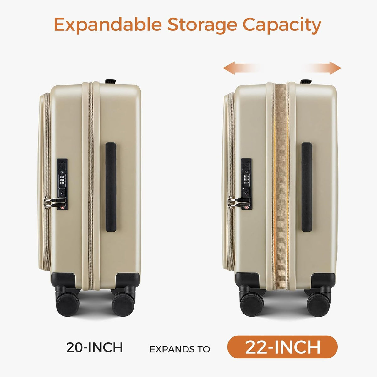 Carry On Luggage Top Opening with Cup Holder & Phone Holder, Expandable PC Hard Shell Suitcase with USB Charging Port, Side Hook, 360° Spinner Wheels, TSA Lock & YKK Zippers
