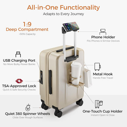 Carry On Luggage Top Opening with Cup Holder & Phone Holder, Expandable PC Hard Shell Suitcase with USB Charging Port, Side Hook, 360° Spinner Wheels, TSA Lock & YKK Zippers