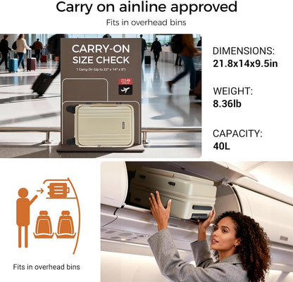 Carry On Luggage Top Opening with Cup Holder & Phone Holder, Expandable PC Hard Shell Suitcase with USB Charging Port, Side Hook, 360° Spinner Wheels, TSA Lock & YKK Zippers