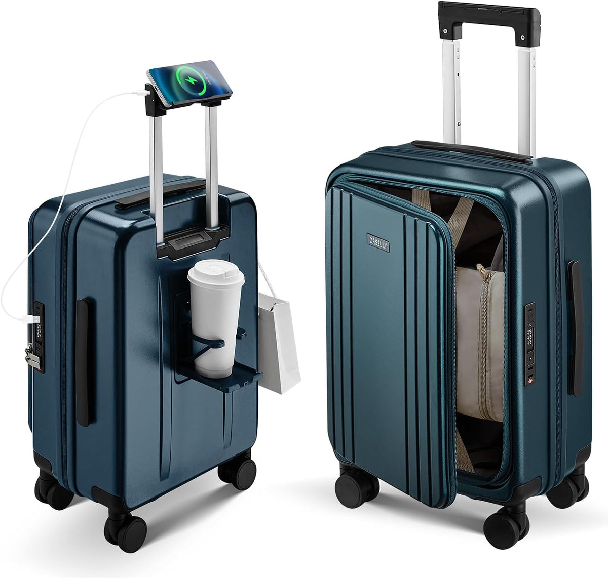 Carry On Luggage Top Opening with Cup Holder & Phone Holder, Expandable PC Hard Shell Suitcase with USB Charging Port, Side Hook, 360° Spinner Wheels, TSA Lock & YKK Zippers