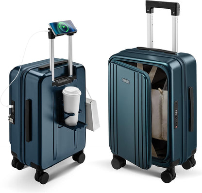 Carry On Luggage Top Opening with Cup Holder & Phone Holder, Expandable PC Hard Shell Suitcase with USB Charging Port, Side Hook, 360° Spinner Wheels, TSA Lock & YKK Zippers