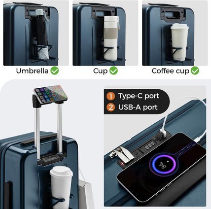 Carry On Luggage Top Opening with Cup Holder & Phone Holder, Expandable PC Hard Shell Suitcase with USB Charging Port, Side Hook, 360° Spinner Wheels, TSA Lock & YKK Zippers