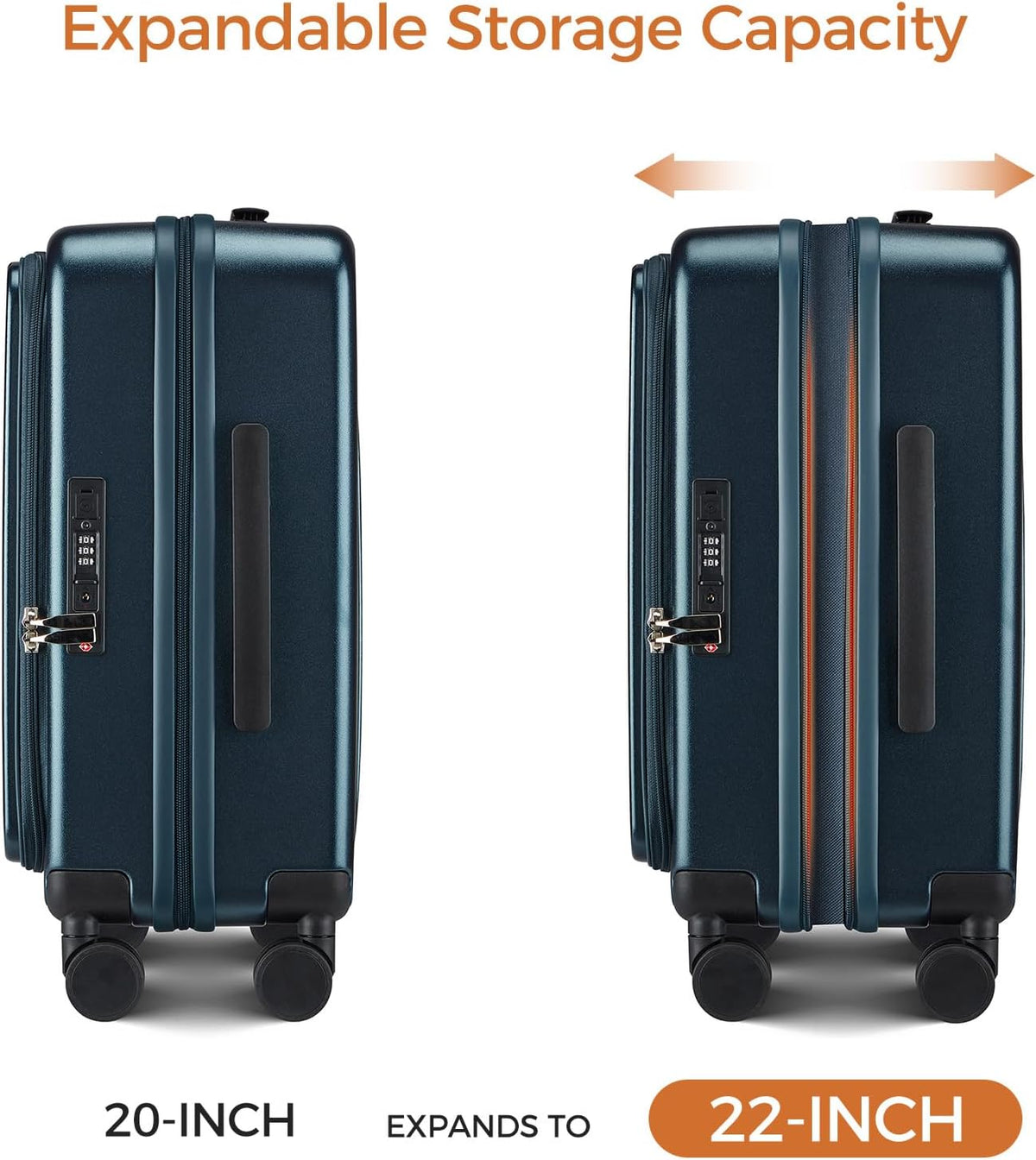 Carry On Luggage Top Opening with Cup Holder & Phone Holder, Expandable PC Hard Shell Suitcase with USB Charging Port, Side Hook, 360° Spinner Wheels, TSA Lock & YKK Zippers