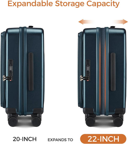 Carry On Luggage Top Opening with Cup Holder & Phone Holder, Expandable PC Hard Shell Suitcase with USB Charging Port, Side Hook, 360° Spinner Wheels, TSA Lock & YKK Zippers