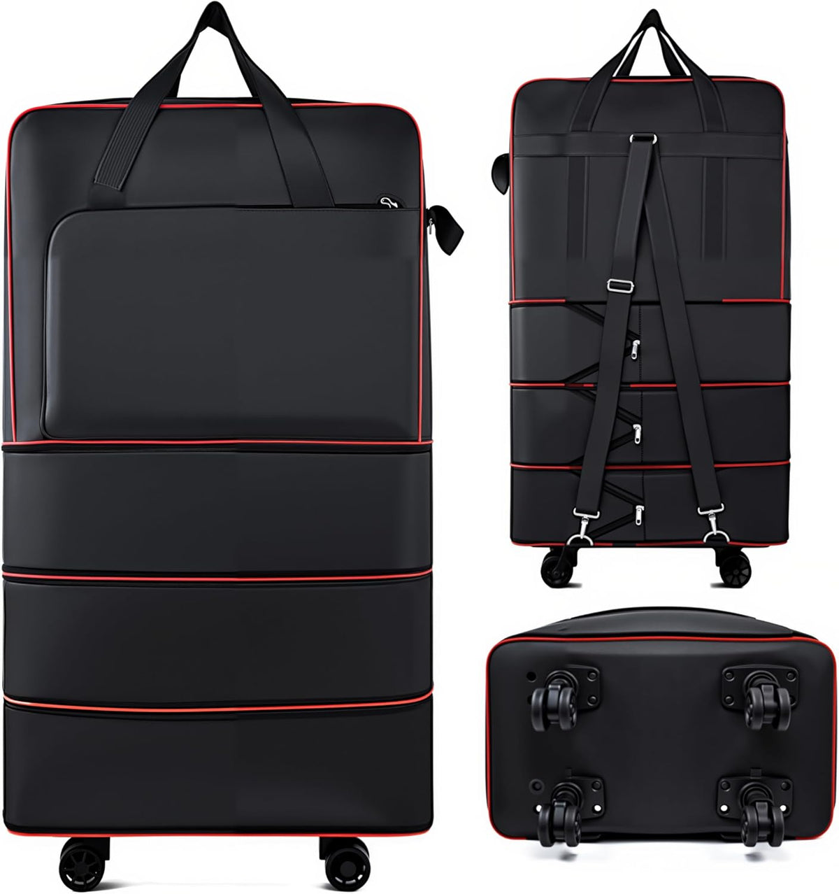 Foldable Duffel Bag,Large Expandable Rolling Travel Duffle Bag with Wheels Waterproof Collapsible Luggage Carry on Duffel Bag with Wheels and Handle, Black