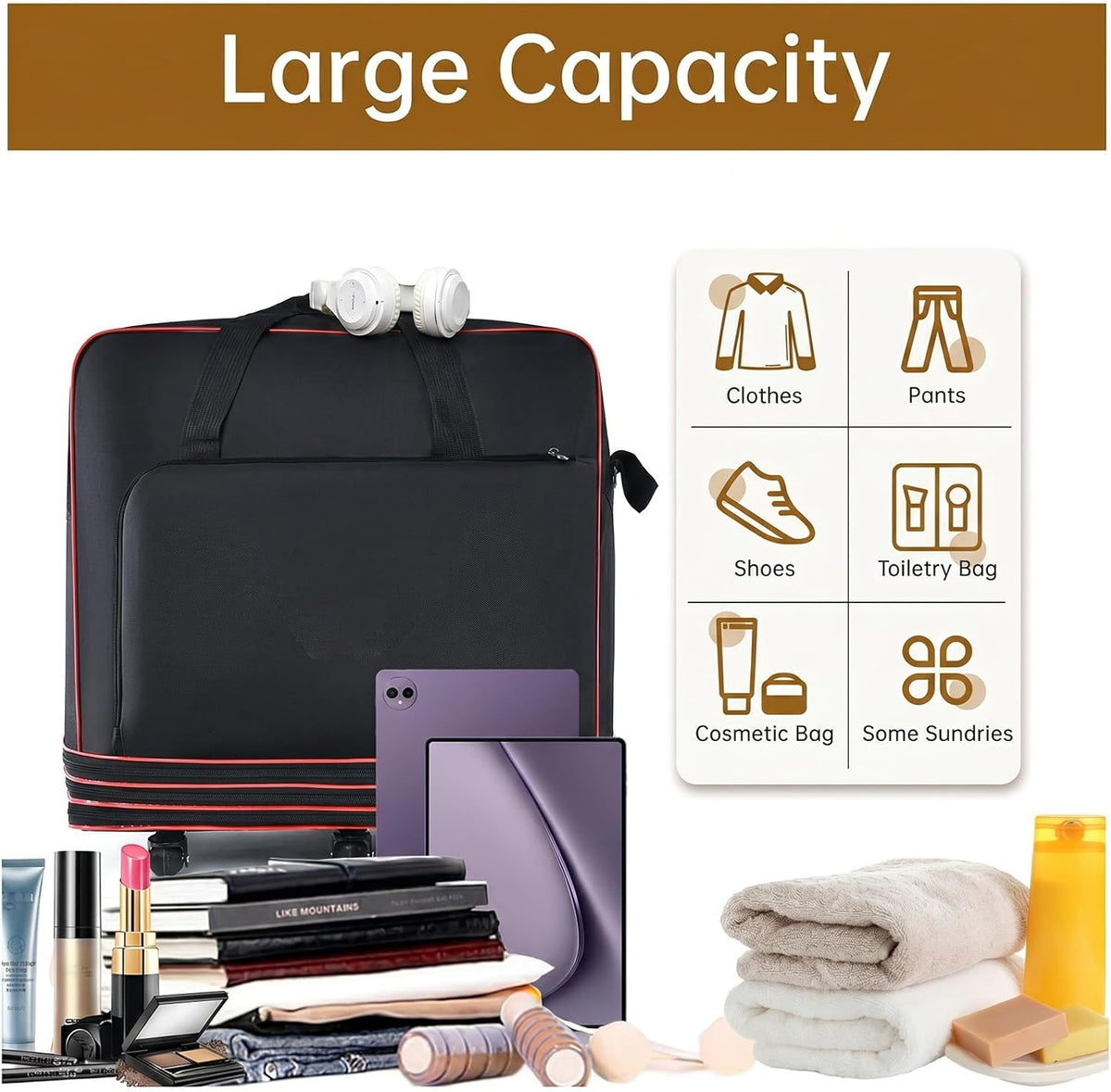 Foldable Duffel Bag,Large Expandable Rolling Travel Duffle Bag with Wheels Waterproof Collapsible Luggage Carry on Duffel Bag with Wheels and Handle, Black