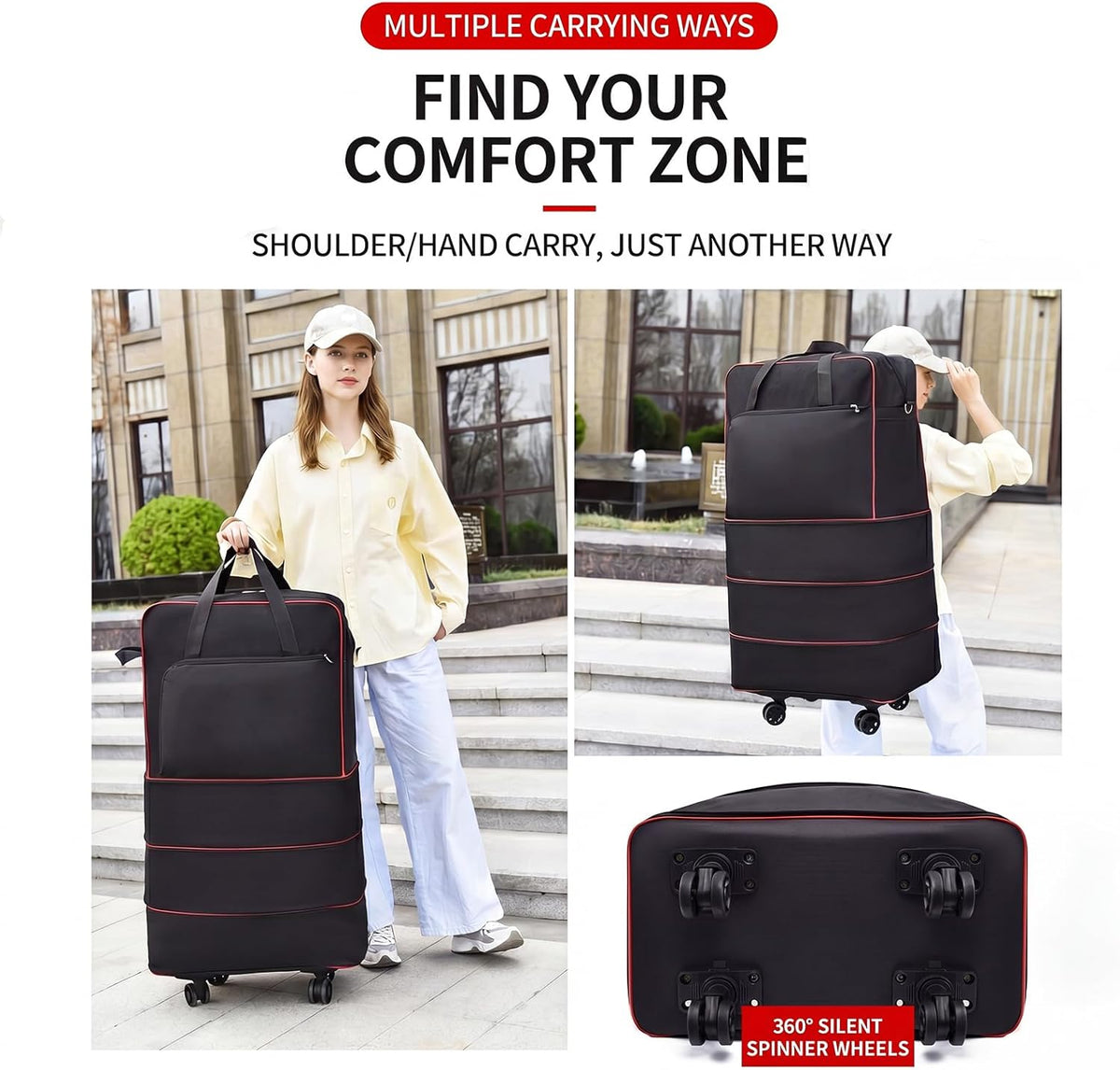 Foldable Duffel Bag,Large Expandable Rolling Travel Duffle Bag with Wheels Waterproof Collapsible Luggage Carry on Duffel Bag with Wheels and Handle, Black