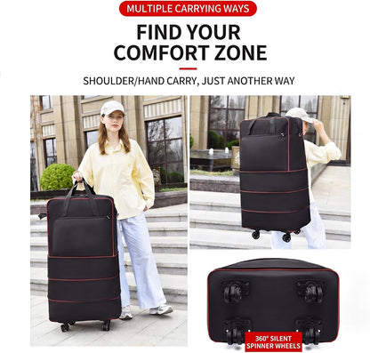 Foldable Duffel Bag,Large Expandable Rolling Travel Duffle Bag with Wheels Waterproof Collapsible Luggage Carry on Duffel Bag with Wheels and Handle, Black