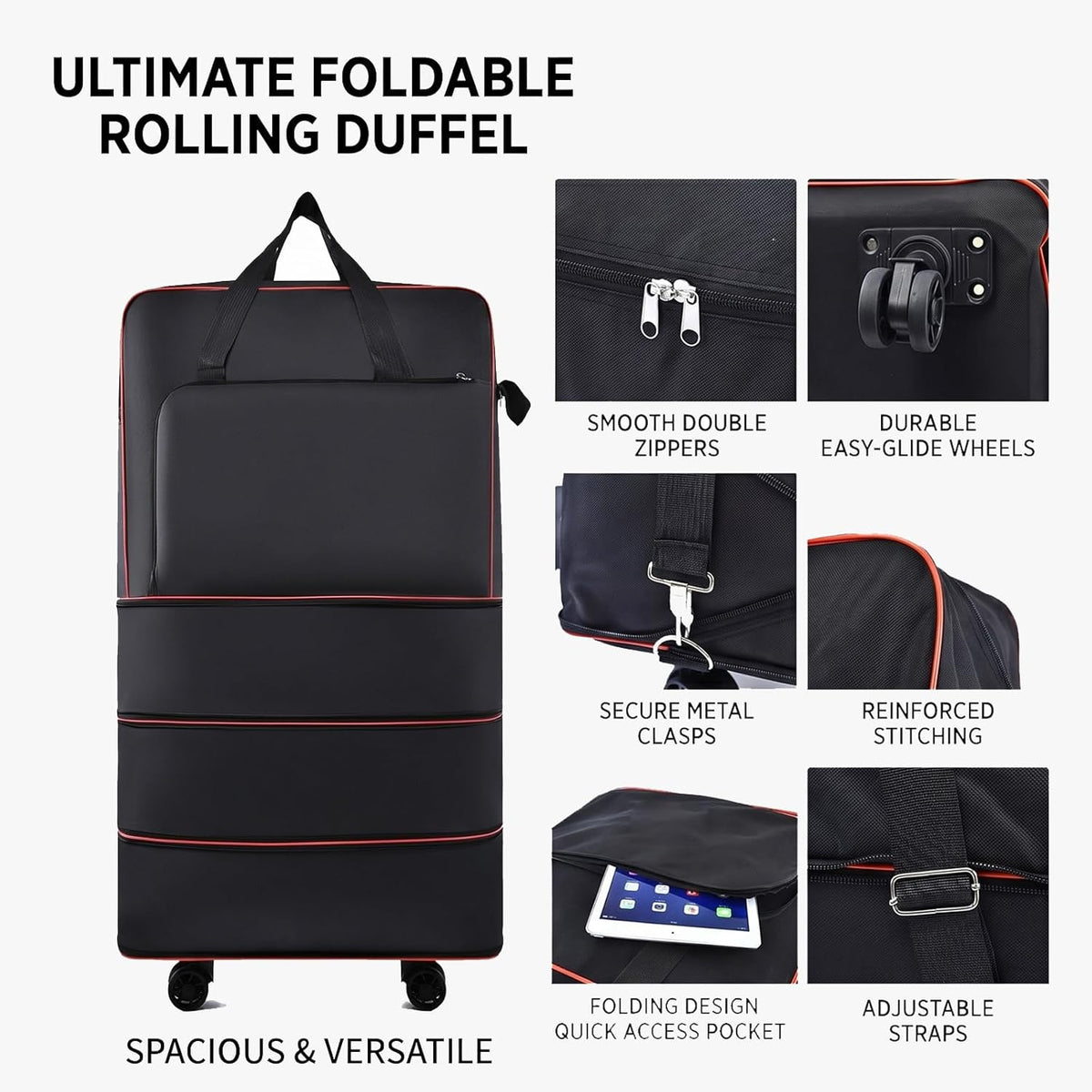Foldable Duffel Bag,Large Expandable Rolling Travel Duffle Bag with Wheels Waterproof Collapsible Luggage Carry on Duffel Bag with Wheels and Handle, Black