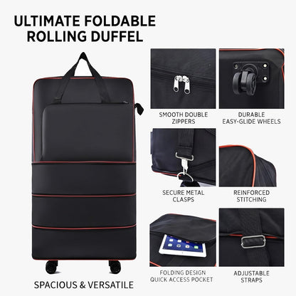Foldable Duffel Bag,Large Expandable Rolling Travel Duffle Bag with Wheels Waterproof Collapsible Luggage Carry on Duffel Bag with Wheels and Handle, Black
