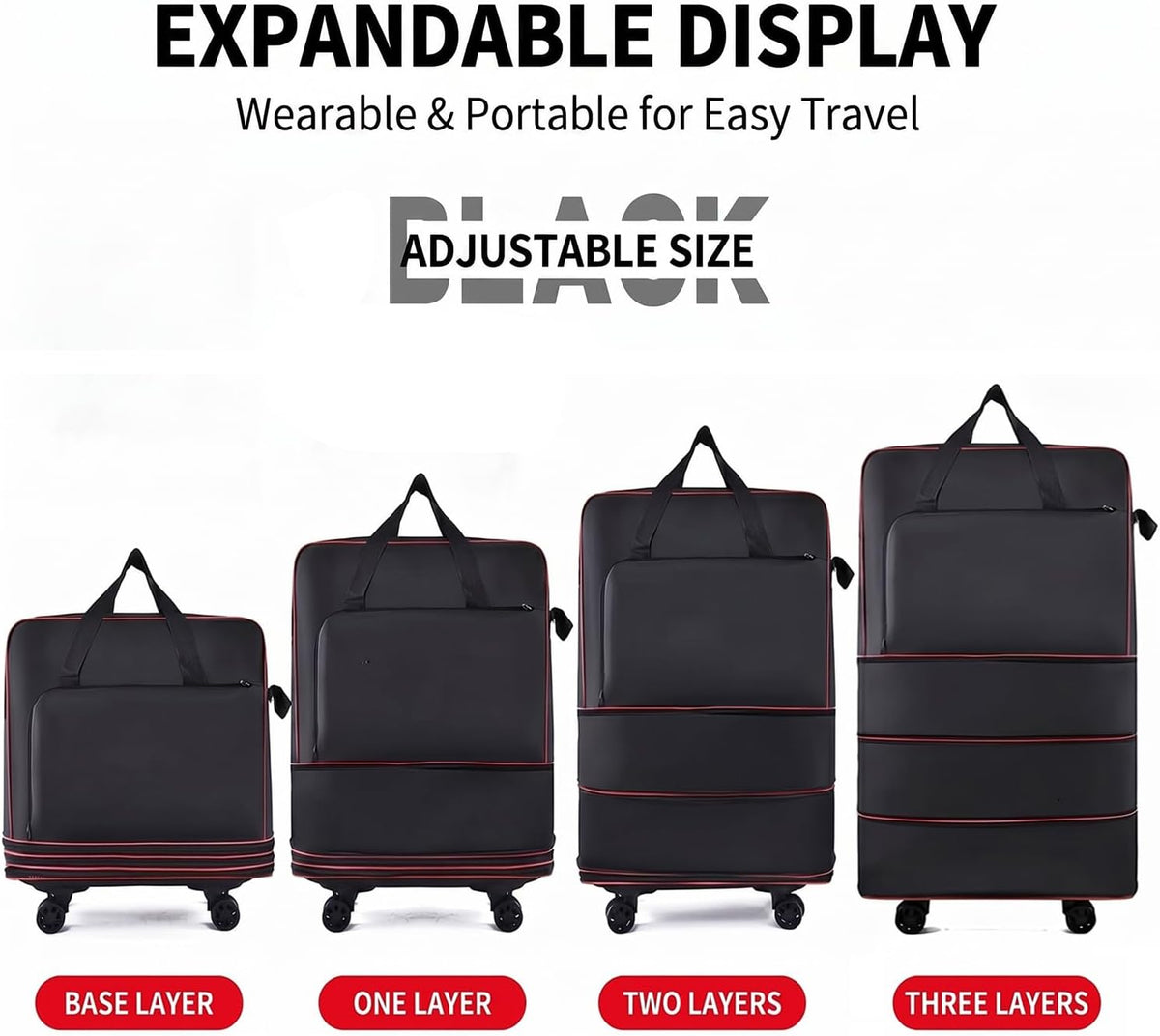 Foldable Duffel Bag,Large Expandable Rolling Travel Duffle Bag with Wheels Waterproof Collapsible Luggage Carry on Duffel Bag with Wheels and Handle, Black
