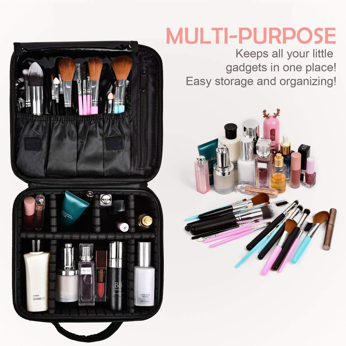 Travel Makeup Case, PU Leather Portable Organizer Makeup Train Case Makeup Bag Cosmetic Case with Adjustable Dividers for Cosmetics Makeup Brushes Women (Pink)