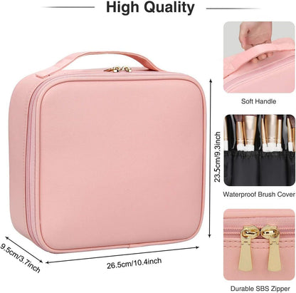 Travel Makeup Case, PU Leather Portable Organizer Makeup Train Case Makeup Bag Cosmetic Case with Adjustable Dividers for Cosmetics Makeup Brushes Women (Pink)
