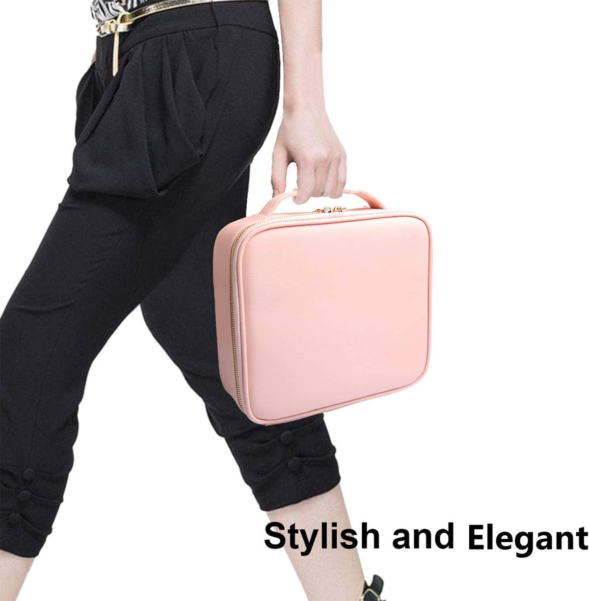 Travel Makeup Case, PU Leather Portable Organizer Makeup Train Case Makeup Bag Cosmetic Case with Adjustable Dividers for Cosmetics Makeup Brushes Women (Pink)