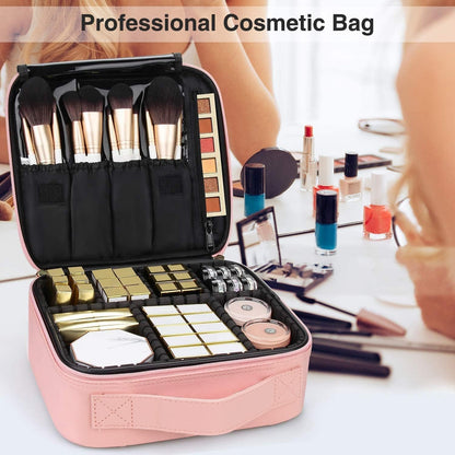 Travel Makeup Case, PU Leather Portable Organizer Makeup Train Case Makeup Bag Cosmetic Case with Adjustable Dividers for Cosmetics Makeup Brushes Women (Pink)