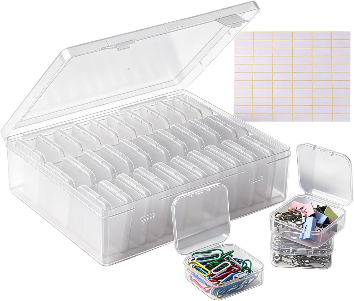 Small Clear Plastic Bead Organizer Box with Hinged Lids & Labels, Mini Craft Storage Containers for Jewelry Making, Bracelets, Clay Beads, Screws, Nails & Tiny Small Parts (Clear - 30Pcs)