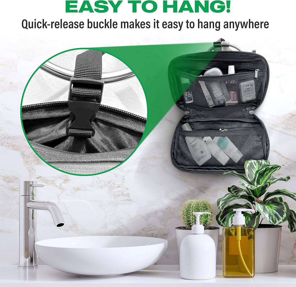 Compact Toiletry Travel Bag Hanging, Premium Mens and Women Dopp Kit for Travel | Waterproof with 4 Separate Compartments and Waterproof Zippers (Dark Green)