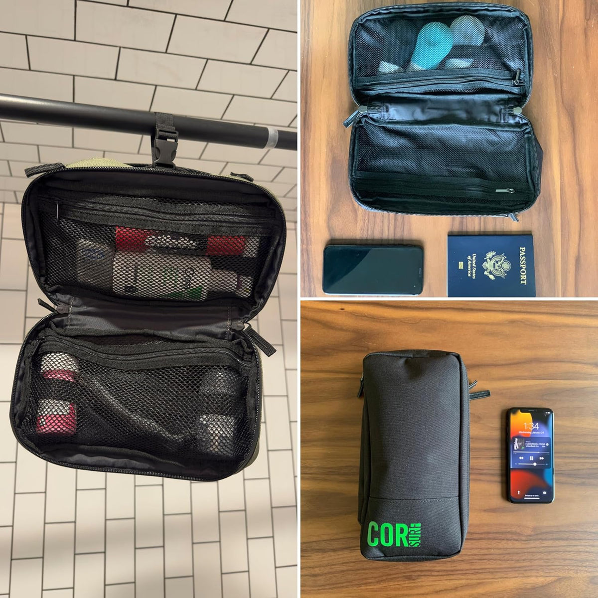 Compact Toiletry Travel Bag Hanging, Premium Mens and Women Dopp Kit for Travel | Waterproof with 4 Separate Compartments and Waterproof Zippers (Dark Green)