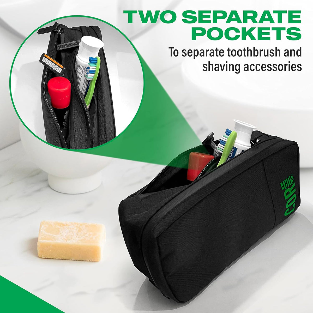 Compact Toiletry Travel Bag Hanging, Premium Mens and Women Dopp Kit for Travel | Waterproof with 4 Separate Compartments and Waterproof Zippers (Dark Green)